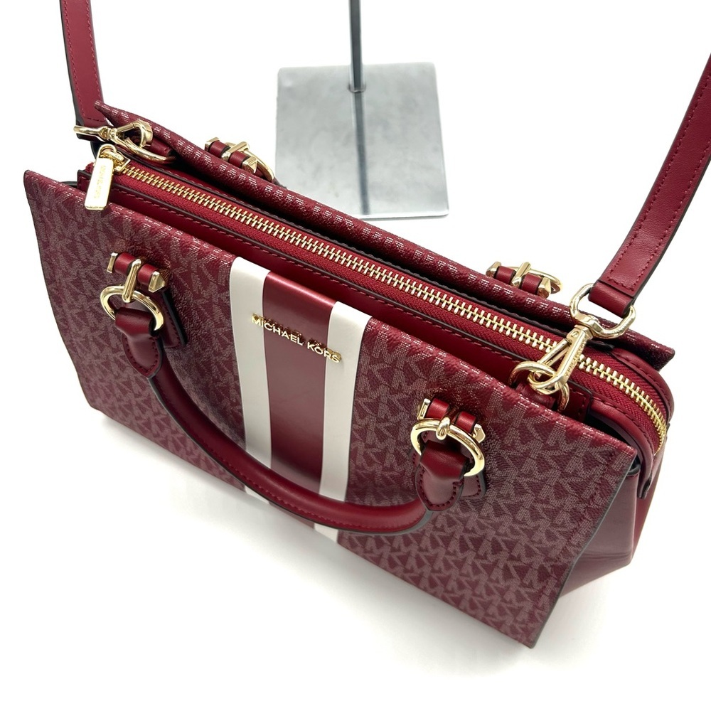 Michael Kors Marilyn Medium Signature Logo Stripe Satchel Bag Cherry - Picture 7 of 10